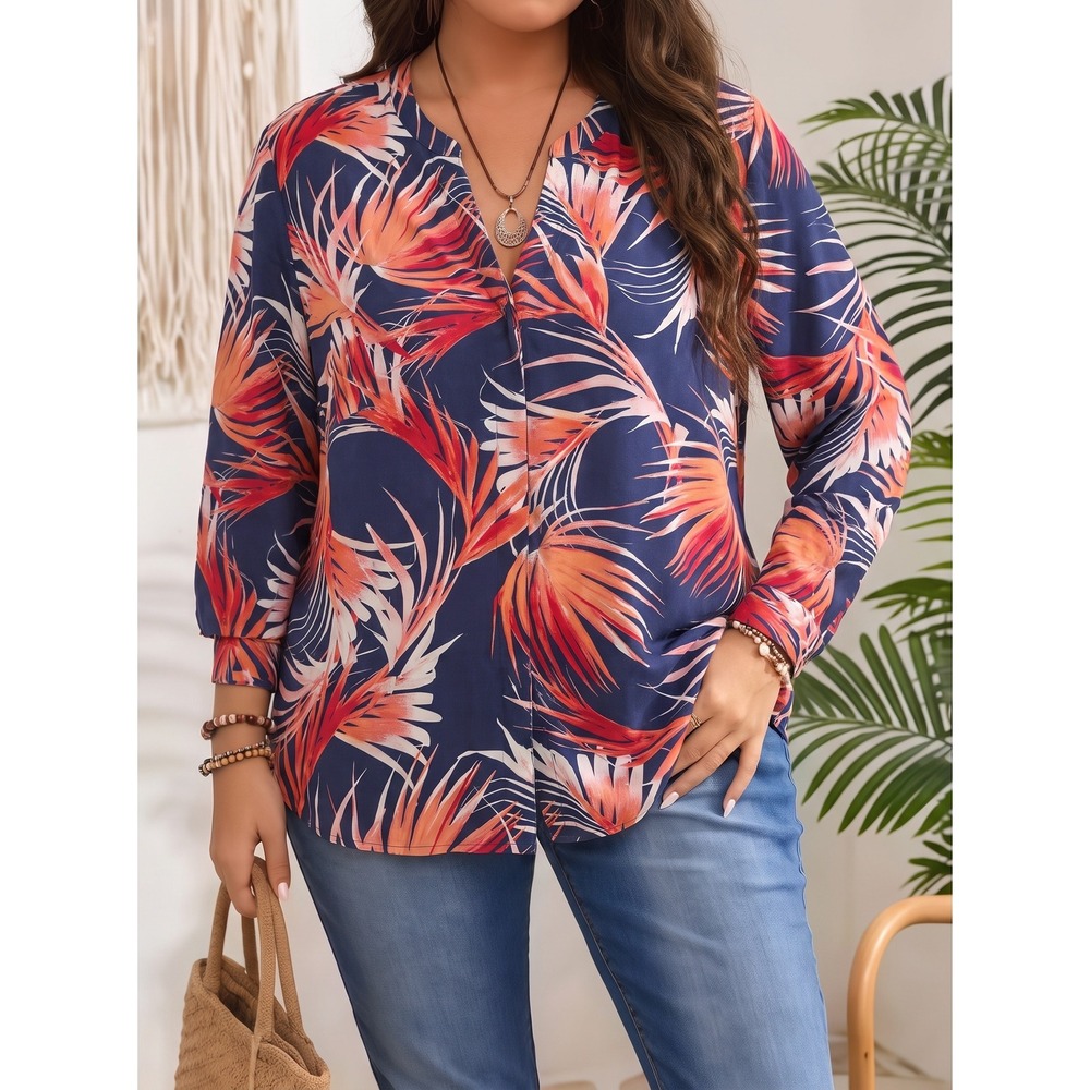 Tommy Bahama Silk Blouse M Tropical Palm Print Navy Coral Split Neck Resort Top